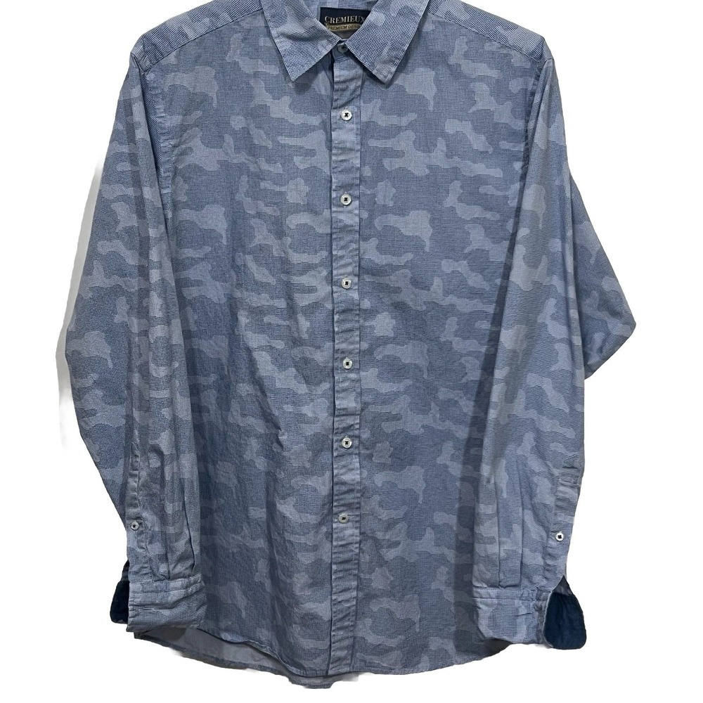 Cremieux Premium Denim Blue Camo Design Long Sleeve Button Shirt Men Size Large